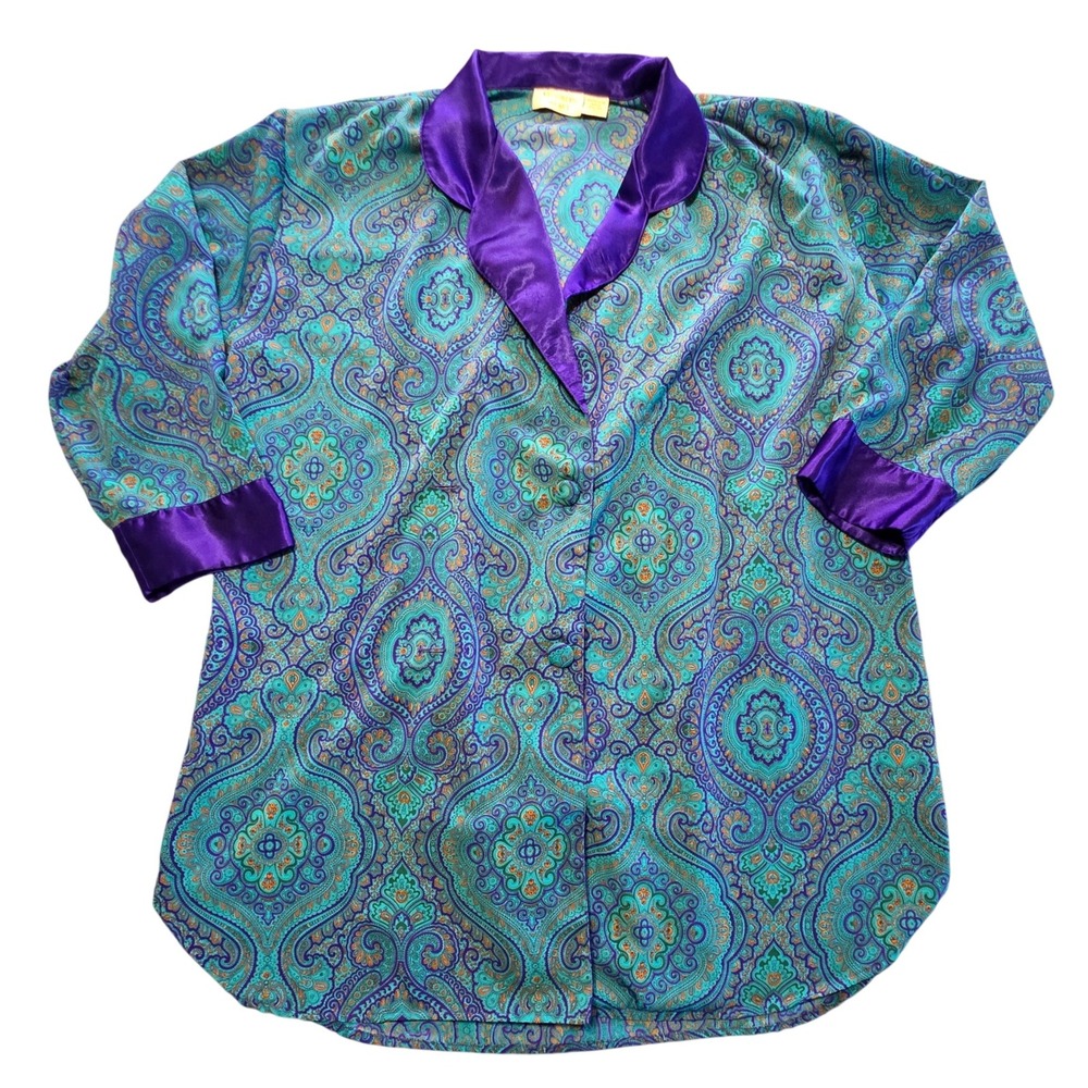 Victoria's Secret Gold Label‎ Satin Paisley Lounge Sleep Shirt Purple Teal 90s L